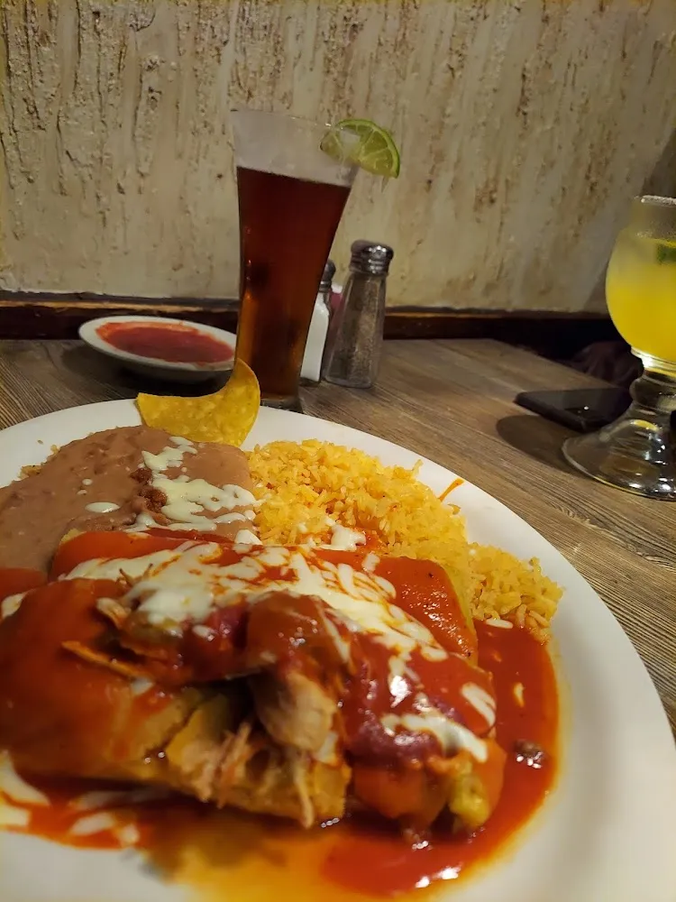 Beef Enchilada and Tamale Combination with Rice and Beans